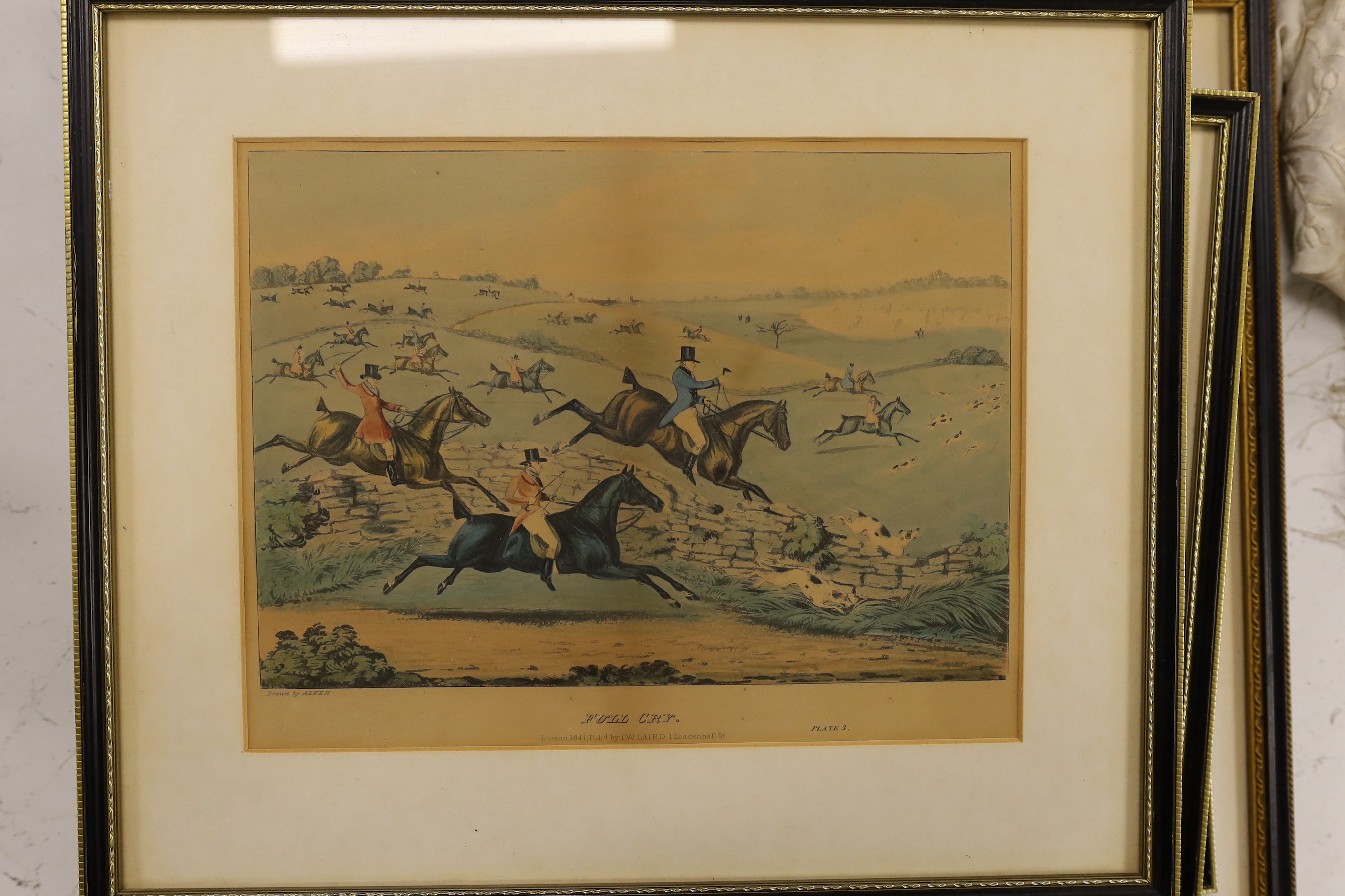 Four coloured prints after Max Beerbohm: Walt Whitman, Matthew Arnold, Danté in Oxford and Board of Trade, 34 x 21cm approx. and four hunting scenes after Alken